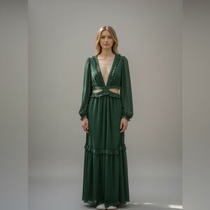Chic Long Sleeve Green Maxi Dress